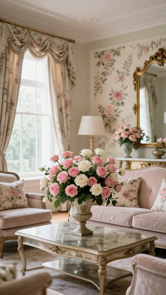A high-quality, realistic photo of a luxurious living room designed in a Classic Elegant Rose Garden style, bathed in soft, natural light. The centerpiece features a grand, overflowing arrangement of fresh pink and white roses in a classic, ornate urn vase, prominently displayed on a polished antique coffee table. Surrounding it, a plush sofa and armchairs are upholstered in soft blush and cream velvet, adorned with delicate floral patterned throw pillows. Elegant curtains, also featuring subtle floral designs, frame a large window, while a refined rose-patterned wallpaper covers an accent wall behind the seating area. An antique gold-framed mirror reflects the room's serene beauty and timeless floral charm. No text.