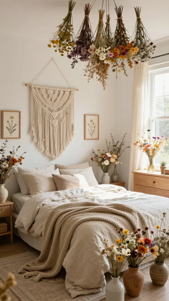 A high-quality, realistic photograph of a bright, sun-drenched boho wildflower whimsy bedroom. The central focus is an inviting bed dressed with a natural linen duvet cover and a chunky knit throw in an earthy tone. Abundant dried and preserved wildflower bouquets of varied sizes are artfully arranged throughout the room; some hang delicately from the ceiling, creating an airy organic touch, while others are placed in ceramic or glass vases on a bedside table and dresser. A large macrame wall hanging featuring subtle woven floral elements adorns the wall above the bed. Simple wooden frames display pressed wildflower art on an adjacent wall. Warm, natural sunlight streams through a window, illuminating the space and enhancing the relaxed, meadow-like atmosphere. The color palette is soft and natural, dominated by whites, creams, natural wood textures, and the muted, earthy tones of the dried wildflowers. No text.