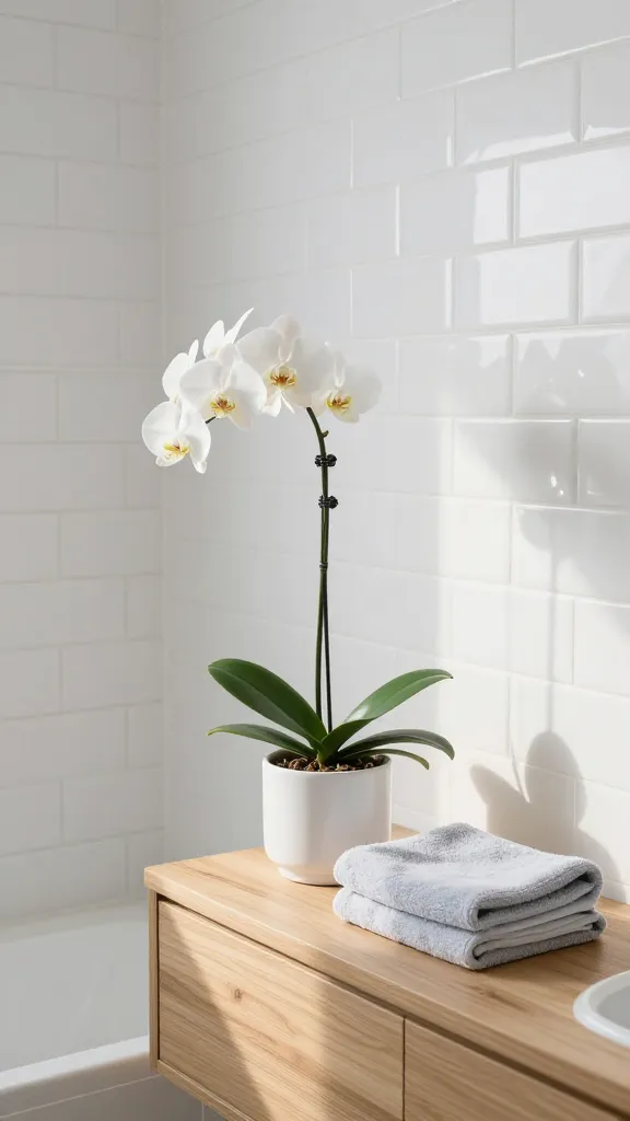 A realistic, high-quality photograph from a slightly elevated eye-level perspective of a minimalist and modern bathroom, exuding a serene, spa-like atmosphere. The central focal point is a single, elegant white Phalaenopsis orchid, its graceful arching stems and delicate white blooms perfectly showcased in a pristine, clean white ceramic pot. This orchid is thoughtfully placed on a warm, light-toned natural wood floating vanity. The background features crisp, immaculate white rectangular subway tiles that extend floor-to-ceiling. Soft, natural daylight streams in, creating gentle highlights and shadows that enhance the tranquil mood. A plush, folded hand towel in a subtle light grey or muted light blue rests neatly beside the orchid. The design emphasizes quiet luxury, sleek lines, and the sculptural beauty of the orchid against a backdrop of natural materials and crisp white. No text.