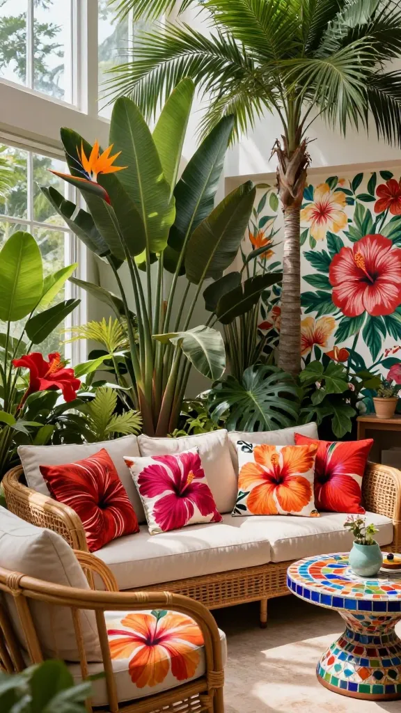 A high-quality, realistic photograph of a vibrant Tropical Hibiscus Haven sunroom, bathed in abundant natural light. The comfortable wicker and rattan sofa and armchairs are adorned with outdoor-friendly cushions and throws featuring bold, oversized hibiscus flower patterns in vivid reds, fuchsia, and orange. Large potted tropical plants, including a majestic bird of paradise with its striking blooms and a graceful palm tree, create an immersive, lush jungle atmosphere. A colorful mosaic side table gleams next to a chair. A statement wall in the background boasts elegant hibiscus floral wallpaper, completing the exotic paradise feel. No text.