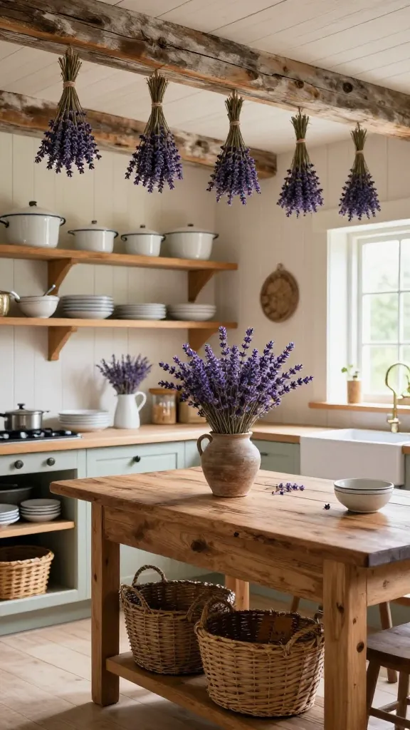 A high-quality, realistic photograph of a rustic lavender farmhouse kitchen. The scene features light-colored shiplap walls and exposed, distressed wooden ceiling beams from which several bunches of dried lavender hang. Open wooden shelves display vintage white enamelware and ceramic dishes, with more dried lavender casually placed in a small pitcher. A large, distressed wooden farm table stands in the center, adorned with a simple, fresh lavender floral arrangement in an earthenware vase. Woven baskets are neatly tucked under the table or on a lower shelf, adding to the storage. Soft, natural light streams through a window, illuminating the cozy and inviting French countryside aesthetic. No text.
