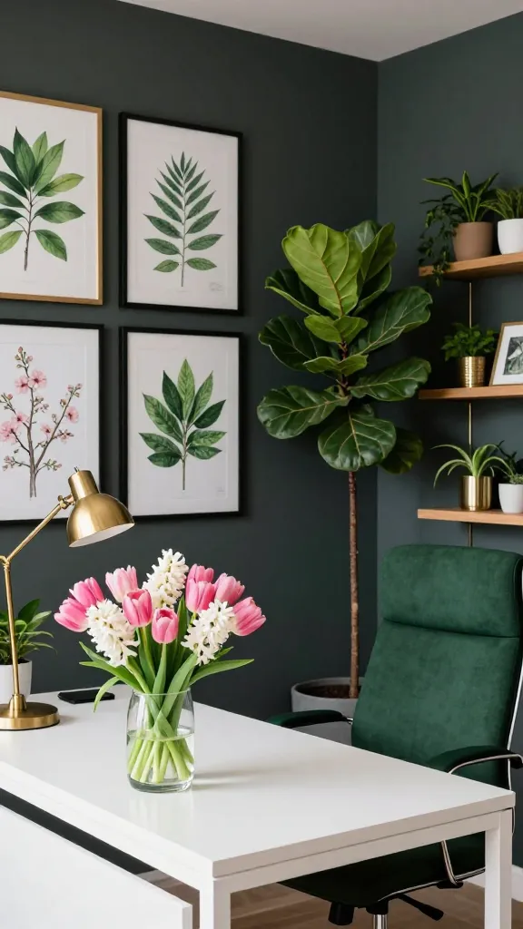 A high-quality, realistic photograph of a bright and serene urban botanical oasis home office. In the foreground, a sleek, minimalist white desk with clean lines is adorned with a polished brass desk lamp and a clear glass vase overflowing with a vibrant bouquet of fresh spring flowers like pink tulips and white hyacinths, serving as a prominent focal point. Behind the desk, a thoughtfully curated gallery wall features a collection of framed botanical art prints, showcasing detailed illustrations of various green leaves intermingled with elegant, noticeable sketches of spring blossoms. A tall, healthy fiddle-leaf fig plant stands gracefully in a modern planter beside the desk, complementing smaller potted plants arranged on floating wooden shelves nearby. The room's accent wall is painted a sophisticated deep charcoal, contrasting with the rich deep green upholstery of the ergonomic office chair. Metallic gold accents are subtly integrated into decorative items and picture frames. Soft, natural light illuminates the space, creating a calm and inspiring atmosphere. No text.