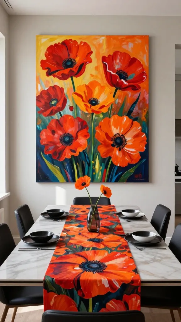 Photorealistic, high-resolution, professional photograph of a vibrant and sophisticated dining room designed for entertaining. An oversized, abstract art piece dominates one wall, bursting with painterly vibrant red and orange poppies. A long, narrow table runner with a distinct poppy motif elegantly stretches across a sleek, modern dining table, which is set with minimalist black and white dinnerware. The dining chairs are chic and black, providing a strong contrast against the neutral grey or cream walls. Natural light streams into the room, illuminating the cheerful energy and playful sophistication. A subtle, modern centerpiece with a few fresh poppies enhances the floral theme. The overall aesthetic is one of dramatic color and inviting elegance.