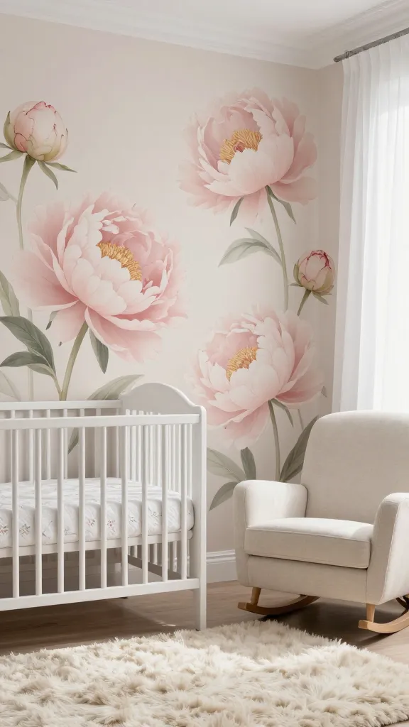 A high-quality, realistic photograph of a serene and enchanting nursery room, bathed in gentle, soft natural light filtering through sheer white curtains. The focal point is an accent wall adorned with a beautiful mural or delicate wallpaper featuring oversized, soft blush pink peonies in full bloom, creating a dreamlike backdrop. In the foreground, a classic white crib is meticulously made with subtle white floral embroidered bedding. A plush, fluffy ivory rug covers the floor, inviting comfort. To one side, a comfortable, modern glider or rocking chair in a light neutral tone (like cream or light grey) sits, perfectly positioned for a parent. The overall ambiance is incredibly soft, tender, and peaceful, with a focus on delicate textures and a soothing color palette dominated by blush pinks, whites, creams, and light neutrals. No text on image.