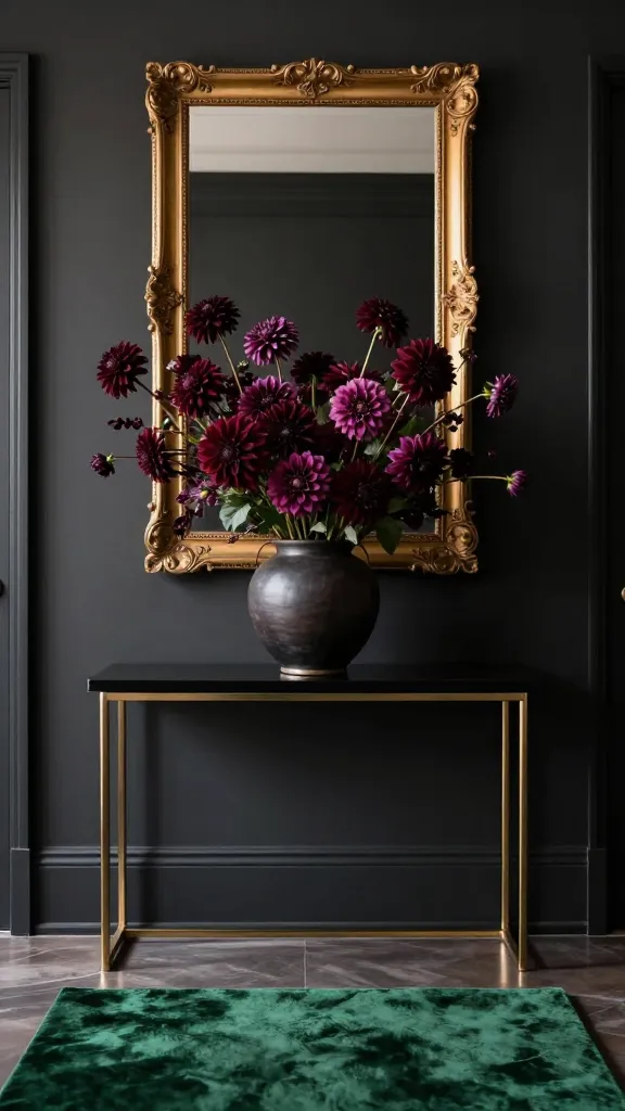 A high-quality, realistic photo of a moody and sophisticated entryway. A large, dramatic arrangement of lush burgundy and plum dahlias in a dark, matte ceramic vase is centered on a sleek, black console table with polished brass legs. The wall behind the table is painted a rich, deep charcoal grey, providing a striking, dramatic backdrop. Above the console, an oversized, ornate gold-framed mirror reflects the subtle, warm glow from a hidden light source. A plush, emerald green runner rug lies on the polished floor, adding a touch of jewel-toned luxury and softness.