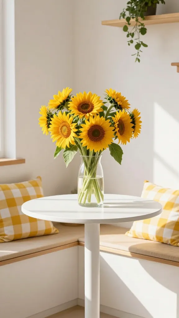 A high-quality, realistic, and brightly lit photo of a cozy kitchen nook, bathed in warm, natural sunlight. A small, round white bistro table takes center stage, topped with a clear glass vase overflowing with a vibrant, cheerful bouquet of fresh sunflowers, their golden petals radiating warmth and joy. A built-in bench wraps around the table, adorned with plush yellow and white checkered cushions that enhance the sunny disposition. The surrounding walls are a crisp white, with subtle natural wood accents and a hint of green from the sunflower foliage. The scene exudes a cheerful, inviting atmosphere, perfect for a happy breakfast or a casual coffee break. No text.