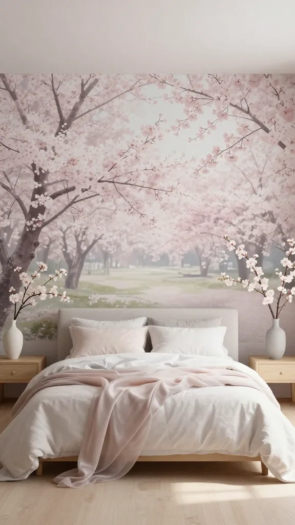 A high-quality, realistic photo of an ethereal master bedroom designed as a serene Japanese spring garden escape. A panoramic wallpaper mural depicting soft, full-bloom cherry blossoms covers the main wall behind the bed, extending a sense of tranquility. The bed is dressed with light, flowing fabrics of silk and sheer linen in delicate pastel shades. Minimalist furniture in light wood and white complements the serene aesthetic. Tall floor vases hold delicate branches of faux cherry blossoms, adding to the dreamlike atmosphere. Soft natural light illuminates the room, creating a peaceful and romantic ambiance. Interior photography, no text.