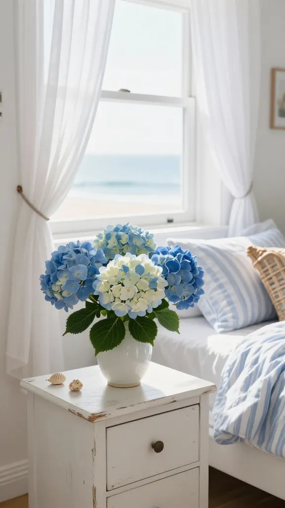 A high-quality, realistic photo of a bright, airy coastal guest room. On a distressed white wooden nightstand, a beautiful, plump arrangement of fresh blue and white hydrangeas is the focal point. The bed is neatly made with soft blue and white striped bedding, and a rattan accent piece like a small chair or basket is visible. Subtle seashell accents are delicately placed on the nightstand or dresser. Sheer white curtains gently flutter from an open window, allowing abundant natural light to fill the room, creating a serene, breezy seaside cottage atmosphere.