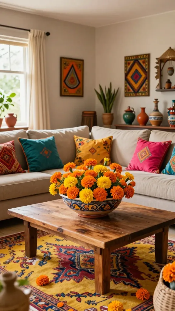 A high-quality, realistic, wide-angle photograph capturing a vibrant and joyful eclectic family room, brimming with global-inspired energy. The focal point is a large, beautifully crafted ceramic bowl, overflowing with an abundance of fresh, bright orange and yellow marigolds, positioned as a cheerful centerpiece on a reclaimed wood coffee table. The room's color palette features bold orange and yellow from the marigolds and textiles, contrasted with rich teal and fuchsia accents in embroidered throw pillows on a comfortable, neutral-toned sofa. A patterned area rug, echoing marigold-inspired hues and global motifs, anchors the seating arrangement. Earthy neutral walls and foundational furniture provide a warm base. Scattered global finds, such as unique pottery, woven baskets, and artistic wall hangings, are thoughtfully integrated, enhancing the room's festive and lived-in charm. Sunlight streams through a window, illuminating the space and emphasizing its sun-kissed, inviting atmosphere. Professional interior photography, no text.