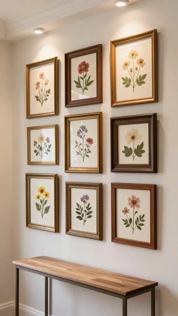 A well-lit, inviting hallway featuring a stunning gallery wall composed of mismatched vintage frames. The frames are a mix of antique wooden styles, some painted a subtle, aged gold and others left in their natural, rich wood tones. Inside each frame, meticulously arranged collections of various pressed spring flowers and leaves are displayed, showcasing delicate petals and intricate botanical details, evoking the charm of old botanical prints with actual preserved blooms. Soft, warm directional picture lights are mounted above, casting a gentle, focused glow on each framed piece. Below the gallery wall, a narrow, elegant console table stands against the wall. The scene is captured in a high-resolution, realistic photograph with natural light, emphasizing texture and depth.