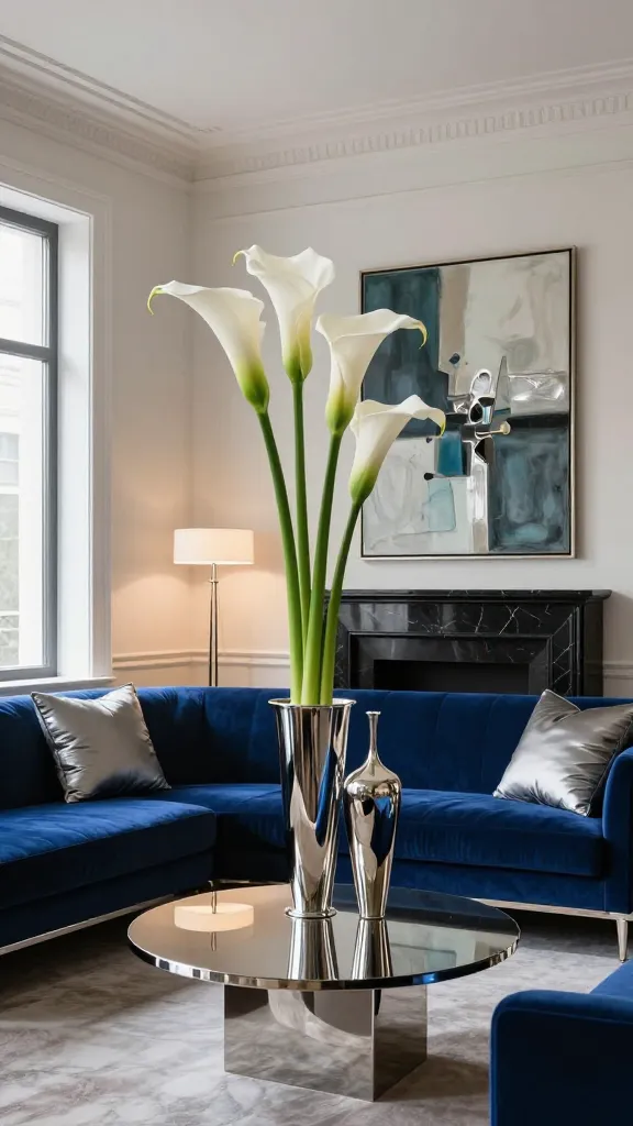 A high-resolution, professional photograph of a sophisticated formal living room, exuding understated luxury and timeless elegance. The central focus is a stunning arrangement of pristine white calla lilies, their striking silhouettes rising gracefully from two tall, elegant silver vases placed prominently on a sleek, polished black marble mantelpiece. Below, a modern, deep sapphire blue velvet sofa with clean lines and chrome legs anchors the space, adorned with subtle metallic silver throw pillows. A round, polished chrome coffee table sits before the sofa, reflecting the soft, warm light from a nearby window. On the wall above the sofa, a large abstract painting featuring a harmonious blend of cool jewel tones and metallic silver accents adds artistic depth. A minimalist chrome floor lamp stands in a corner, casting a gentle glow. The room is spacious, well-lit with natural light, and decorated with a refined, minimalist aesthetic. No text.