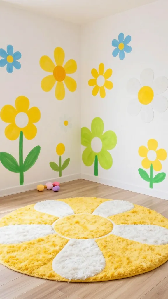 A bright, cheerful kids' playroom bathed in natural light, centered around a large, plush, oversized daisy-shaped rug in vibrant yellow and white, invitingly placed on a light wood floor. The walls are adorned with an array of playful hand-painted daisy motifs and cheerful daisy decals in various sizes and orientations, primarily in bright yellow and white, with lively pops of lime green and sky blue. A few soft pastel pink and purple toys are scattered gently on the rug, hinting at imaginative play. The room exudes boundless joy and innocent charm, creating a happy and inspiring space. High-quality, realistic photo, bright and airy, sharp focus, no text.