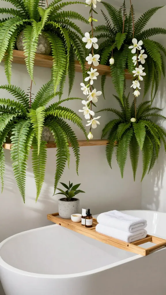 A high-quality, realistic photo of a luxurious, spa-like bathroom featuring a pristine white freestanding bathtub. Lush, verdant faux ferns cascade dramatically from hanging natural wood shelves and elegant stone planters, creating a dense, jungle-like canopy overhead. Delicate faux white stephanotis and jasmine blossoms are subtly tucked into the fern arrangements and a small concrete planter resting on a natural wood bath caddy, which holds fluffy white towels and artisanal bath products. Soft, natural light streams into the room, highlighting the vibrant textures of the ferns, the smooth stone, and the plush textiles, creating a serene and inviting atmosphere.