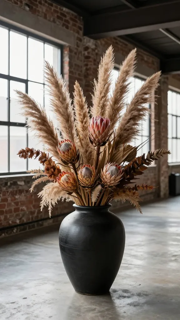 A professional interior design photograph showcasing a dramatic, avant-garde floral arrangement in a modern loft. An enormous, matte black ceramic floor vase holds a striking display of dried protea, towering pampas grass plumes, and other sculptural dried botanicals, serving as the artistic focal point in a high-ceilinged space. The background features a raw, exposed brick wall and a polished concrete floor, bathed in bright, natural light streaming from large industrial-style windows. The overall aesthetic is minimalist and industrial, emphasizing the bold forms and textures of the dried botanicals. Realistic, high-quality photo, no text.