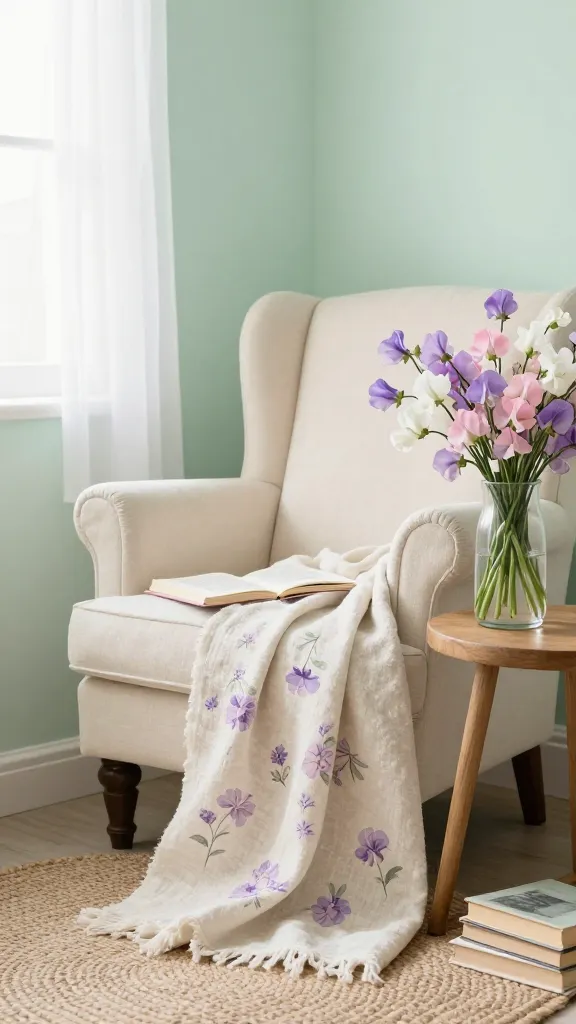 A high-quality, realistic photograph of a cozy Sweet Pea Cottage Core reading nook. A plush, cream-colored armchair is positioned invitingly, draped with a soft, natural linen throw blanket subtly patterned with delicate lavender and pale pink sweet pea motifs. Beside the armchair, a small, round wooden side table holds a clear glass vase overflowing with a fragrant bouquet of fresh sweet peas in shades of lavender, soft pink, and white. The background features a wall painted in a gentle mint green, with soft, diffused natural light filtering in from an unseen window, creating a serene and idyllic atmosphere. Scattered on the floor are a few books and a small, braided jute rug. The overall palette is dominated by soft pastels, creamy whites, and natural textures, evoking pure comfort and whimsy. No text.