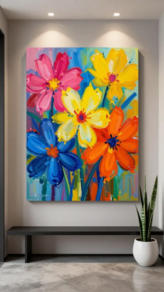 A high-resolution, professional interior photograph of a modern, minimalist entryway. The focal point is a massive, gallery-sized canvas dominating the main wall, featuring a vibrant, bold abstract floral painting. The artwork bursts with an array of rich, saturated colors like fuchsia, electric blue, sunny yellow, and deep orange, depicting an energetic, non-representational interpretation of spring flowers. Below the artwork, a sleek, simple black console table extends across the wall, its surface bare except for a single, tall, sculptural snake plant in a clean, modern white ceramic planter. The walls are a neutral, light greige. Warm, recessed ceiling lights are strategically positioned to cast a focused glow, highlighting the texture and colors of the abstract floral canvas. The floor is polished concrete.