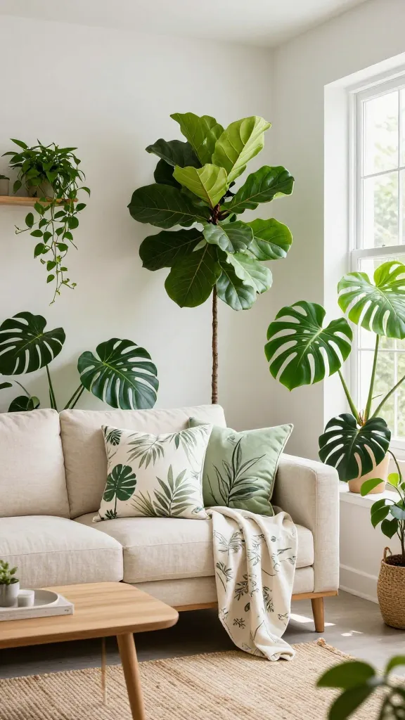 A bright, high-quality professional photograph of a modern living room designed with a botanical bliss theme. Crisp white walls provide a clean, luminous backdrop for an abundance of verdant greenery. A large, healthy Fiddle Leaf Fig tree stands prominently in an elegant pot, while a lush Monstera Deliciosa with its iconic split leaves fills another corner. Smaller trailing plants like Pothos cascade gracefully from minimalist wall-mounted shelves. The comfortable sofa, upholstered in a natural cream linen fabric, is adorned with throw pillows featuring subtle, elegant leafy patterns in shades of sage and forest green, alongside a light, draped blanket with a delicate botanical motif. A simple light wood coffee table and a natural jute rug ground the serene space, which is bathed in warm, natural light streaming through a large window, creating a fresh and inviting atmosphere. Realistic, sharp focus, no text.