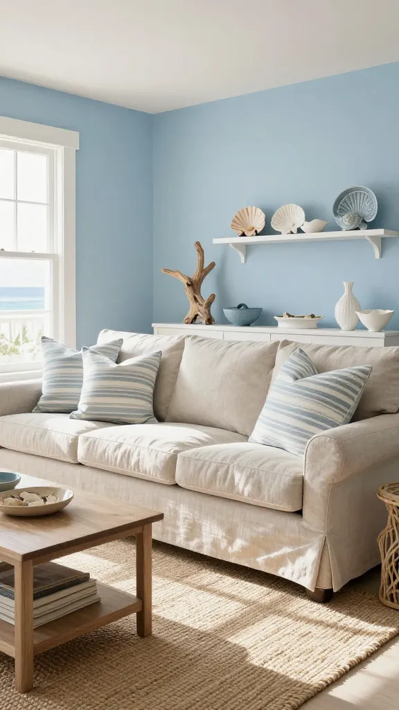 A bright and airy living room, embodying a coastal chic design with a relaxed seaside retreat ambiance. The room is bathed in a palette of soft sky blues and sandy neutrals. A large, comfy light beige linen sofa is centrally positioned, accessorized with a few striped throw pillows featuring subtle blue and white patterns. Artfully arranged on a nearby coffee table and shelves are delicate driftwood sculptures and elegant shell-adorned decorative pieces. A natural jute rug grounds the space, adding texture. Sunlight streams through a large window, illuminating the room and creating a serene, inviting atmosphere. Realistic, high-quality photograph, professional interior photography, natural light, no text.