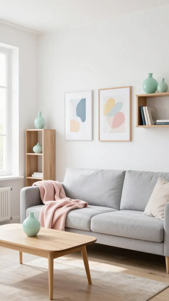A high-quality, realistic photo capturing a bright, sun-drenched Scandinavian living room. Pristine white walls and light natural wood flooring establish a minimalist foundation. A clean-lined, light grey sofa is the focal point, adorned with a soft blush pink throw blanket casually draped over one arm. In front, a sleek, light wood coffee table features a single delicate mint green ceramic vase. On the main wall, a gallery of three framed abstract art prints showcases subtle pastel shapes in soft blues, pinks, and yellows. A tall, open light wood shelving unit against another wall displays a couple more mint green ceramic vases and a few carefully curated books, maintaining an uncluttered aesthetic. Bright natural light streams in from a large window, enhancing the room's airy, cheerful, and serene ambiance. No text on image.