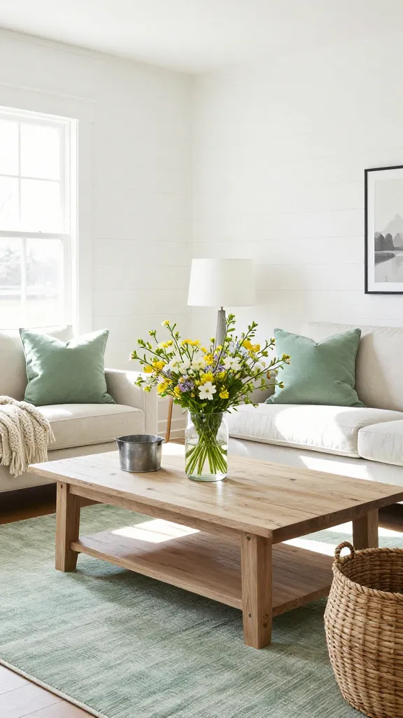 A sun-drenched, modern farmhouse living room, showcasing a fresh spring aesthetic. Classic white shiplap walls frame the space, which is flooded with abundant natural light. At the center, a distressed light wood coffee table rests on a soft, sage green throw rug. Two comfortable armchairs, adorned with plush sage green cushions, invite relaxation. A clear glass vase filled with a vibrant bouquet of fresh cut spring flowers sits prominently on the coffee table. Subtle galvanized metal accents, such as a small decorative planter on a side table, are artfully mixed with soft, woven textures, like a chunky knit throw draped over an armchair and a large woven storage basket. The overall ambiance is cozy, inviting, and sophisticated, with a grounded yet fresh farmhouse feel. High-quality, realistic photograph, no text.