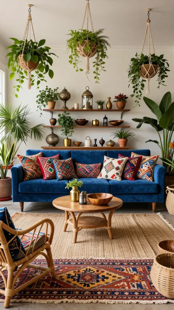 A wide-angle, high-resolution photograph capturing a vibrant and eclectic living room designed in a "Boho Garden Party Fiesta" style. The focal point is a plush sapphire blue velvet sofa, generously adorned with an abundance of intricately embroidered throw pillows featuring diverse global patterns and rich jewel tones. The floor is layered with a large natural fiber rug (like jute or sisal) topped by a smaller, richly patterned kilim rug in warm, earthy hues. Numerous rattan furniture pieces, including a stylish armchair and a round coffee table, are strategically arranged. Lush green hanging plants in macrame holders cascade from the ceiling, complemented by potted plants on various surfaces and shelves. Unique global finds such as ornate metallic lanterns, hand-carved wooden bowls, and woven baskets are artfully displayed. The room showcases a harmonious mix of materials including polished brass, dark woods, and natural fibers, all bathed in bright, inviting natural light, creating a relaxed, colorful, and texturally rich atmosphere reminiscent of an eternal garden party.