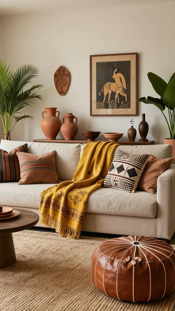 A professional, high-resolution interior photograph of a global eclectic living room, bathed in soft, natural light, embodying a sophisticated 'spring awakening' feel. A comfortable, neutral-toned sofa is layered with an Indian block print throw in warm mustard yellow and several textured African mud cloth pillows. A round Moroccan leather pouf rests on a woven natural fiber rug. The room's neutral base walls provide a backdrop for unique, handcrafted art and collected objects, including terracotta pottery and wooden sculptures. Fresh green plants in varying sizes add vibrant accents, balancing the warm earthy tones of terracotta and mustard yellow. The space feels well-traveled, utterly unique, and inviting, showcasing rich textures and cultural stories. No text.