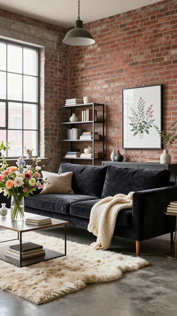 A high-quality, realistic photo of a stylish loft living room blending soft industrial design with delicate spring florals. The scene features a prominent exposed brick wall, bathed in natural light from large industrial-style windows. A plush, deep charcoal velvet sofa is centrally placed, draped with a chunky knit throw and anchored by a soft sheepskin rug on the polished concrete floor. Industrial metal shelving units are visible, displaying a curated mix of books and decorative objects. An industrial-style pendant light hangs overhead. Large, vibrant floral arrangements in clear vases adorn a coffee table, and a framed botanical print artwork hangs on the exposed brick wall, adding a surprising touch of spring elegance to the raw, urban space. No text on the image.