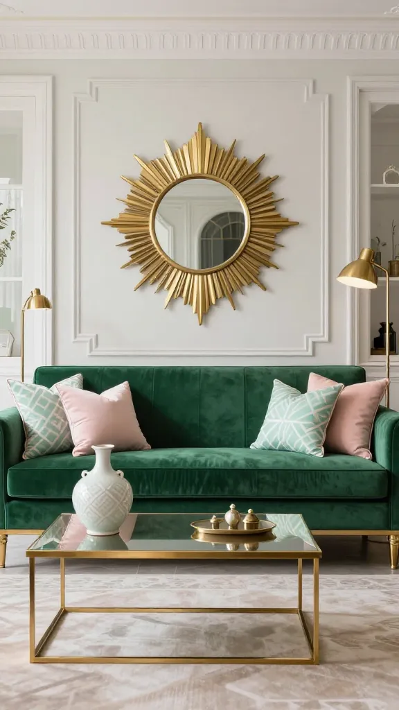 A luxurious Art Deco revival living room, bathed in soft, diffused natural light, showcasing a plush emerald green velvet sofa as the opulent centerpiece. The room features a light, fresh spring palette with accents of gentle blush pink and fresh mint green in geometric patterned throw pillows and a statement ceramic vase positioned on a sleek brass-framed coffee table. Above the sofa, a prominent brass sunburst mirror serves as a focal point, reflecting the room's elegance. Clean lines and subtle geometric patterns are evident in the room's architecture and a light-toned area rug. Additional brass accents are incorporated through a stylish floor lamp and decorative objects, contributing to the glamorous, yet softened Roaring Twenties aesthetic. The overall scene is inviting, sophisticated, and distinctly spring-like. High-resolution, realistic photo, professional interior design photography.