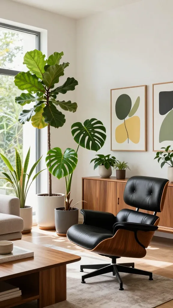 A bright and inviting Mid-Century Modern living room, bathed in abundant natural light streaming through large windows. The focal point is a classic Eames lounge chair with dark wood and black leather upholstery, positioned beside a sleek, low-profile teak wood coffee table. Several large, vibrant houseplants, including a tall fiddle-leaf fig and a sprawling monstera deliciosa, are strategically placed in elegant, cylindrical white and charcoal grey ceramic planters throughout the room, creating a lush, fresh atmosphere. On the far wall, a long teak wood credenza with clean lines displays a collection of smaller green plants, while two framed abstract art pieces featuring organic shapes and a palette of olive green and soft yellow hues hang above it. The overall aesthetic is one of timeless design meeting natural serenity. High-resolution, realistic photograph.