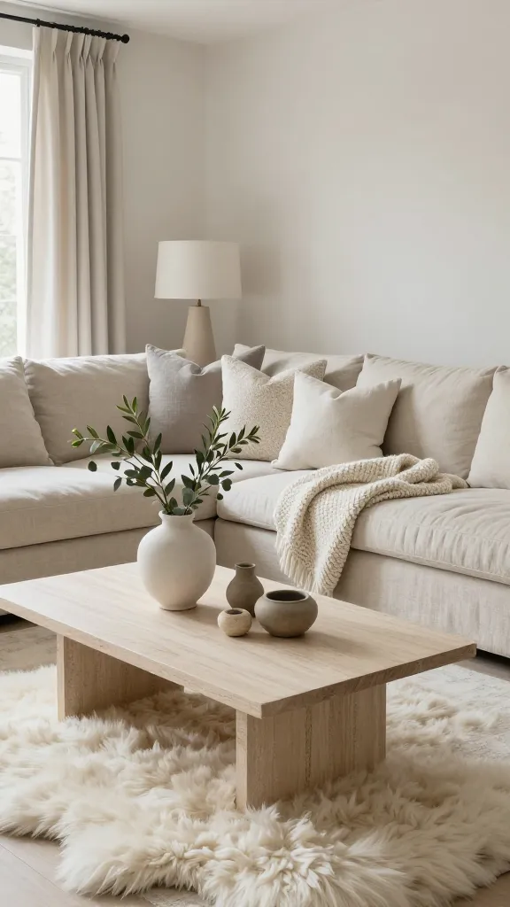 A high-quality, realistic photograph of a serene and sophisticated spring living room, bathed in soft, diffused natural light. The space is a monochromatic neutral sanctuary, meticulously styled with varying shades of cream, off-white, light grey, and warm beige. A large, inviting linen sectional sofa in a soft cream or light beige anchors the room, adorned with a chunky knit throw blanket in an off-white hue draped artfully over one arm, and plush decorative pillows in mixed neutral textures like bouclé and linen. A luxurious, creamy white sheepskin rug lies partially beneath a minimalist light wood or matte stone coffee table. On the coffee table, a simple, elegant off-white ceramic vase holds a few branches of fresh, subtle greenery, such as eucalyptus or olive branches, providing a delicate pop of life. Complementary ceramic and stone decorative objects in muted, earthy tones are subtly placed on the coffee table and a nearby side table, emphasizing the rich textural layers. The overall ambiance is one of understated elegance, inviting comfort, and profound textural richness. Professional interior photography, no text.