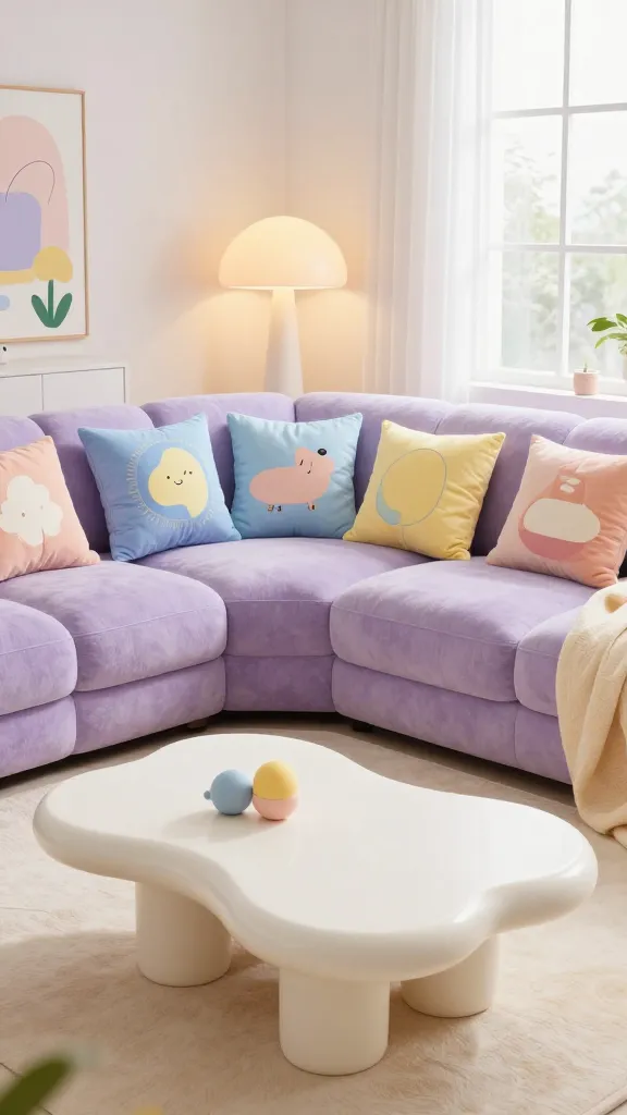 A bright, high-resolution photo of a whimsical living room designed with a playful pastel palette. The focal point is a plush, comfortable sofa in a muted lavender hue, adorned with an assortment of throw pillows featuring quirky, hand-drawn illustrations and abstract patterns in baby blue, pale yellow, and soft peach. In front of the sofa, a unique, sculptural coffee table resembling a smooth, organic cloud shape made of matte white material. A charming mushroom-shaped floor lamp with a soft glow stands near the sofa, adding to the dreamy atmosphere. Scattered around are subtle, artistic decor pieces in complementary pastel tones. Natural light streams through a large window, illuminating the joyful, lighthearted space. Realistic, high-quality photography, no text.