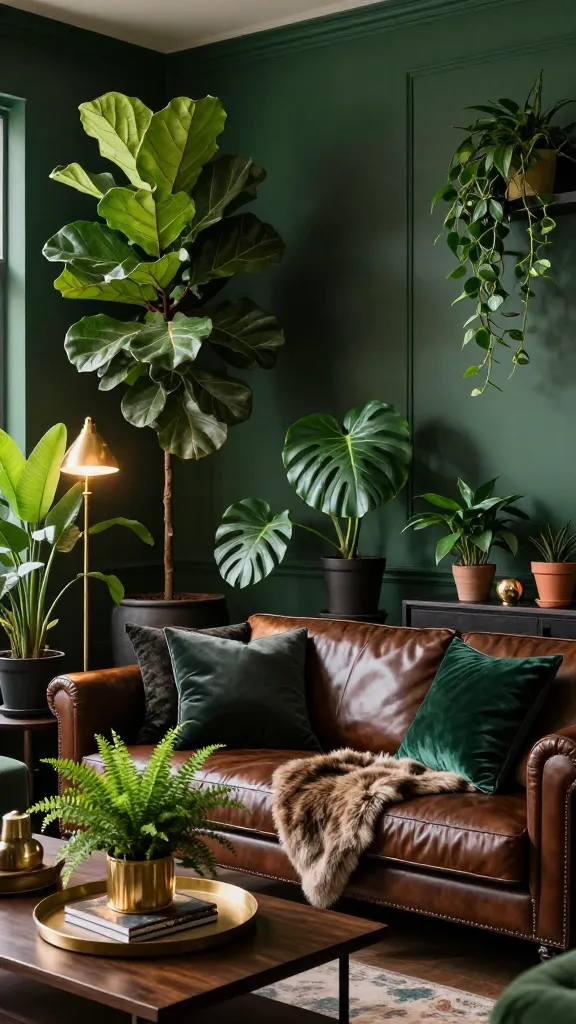 A realistic, high-quality interior photograph of a sophisticated living room designed as an 'Urban Jungle Retreat'. The walls are painted a deep, moody forest green, creating a dramatic and cozy sanctuary. A luxurious, dark brown leather sofa is positioned centrally, adorned with plush velvet throw pillows in charcoal and emerald tones, and a soft, draped faux fur blanket. In front of the sofa, a dark wood coffee table displays a brass tray holding a small stack of art books and a delicate gold-rimmed planter with a vibrant fern. Throughout the room, a lush collection of large, vibrant houseplants – including a towering Fiddle Leaf Fig, a sprawling Monstera, and various trailing Pothos – are strategically placed in dark ceramic and terracotta pots, their green foliage truly popping against the rich wall color. A tall, elegant brass floor lamp provides warm ambient lighting in a corner, illuminating the intricate leaves of a large plant. Dark wood side tables hold smaller potted plants and metallic gold decorative accents. The overall atmosphere is chic, atmospheric, and deeply inviting. Professional interior photography, no text.