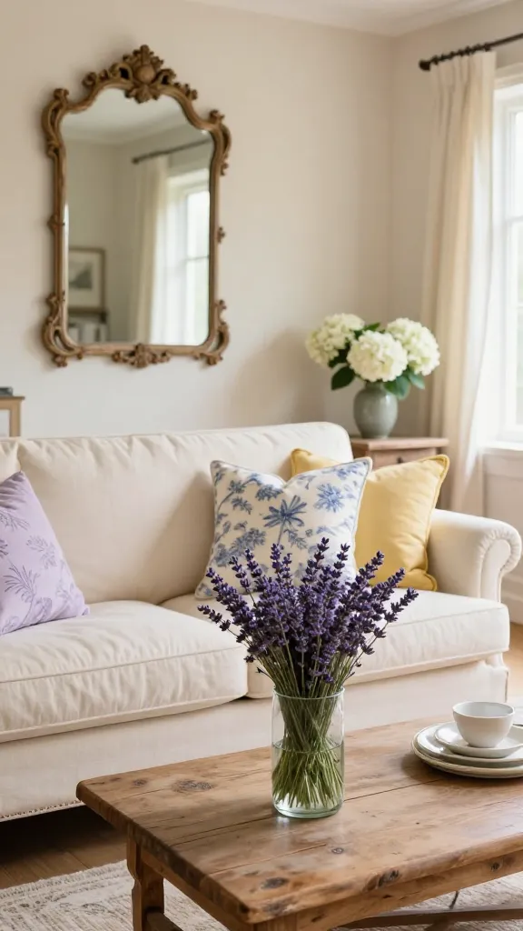 A beautifully styled French countryside living room, bathed in warm natural light. A large, inviting cream-colored slipcovered sofa is adorned with throw pillows featuring classic soft blue toile de Jouy patterns, alongside solid lavender and pale yellow cushions. In front, a distressed wooden coffee table holds a clear glass vase overflowing with fresh lavender sprigs. A vintage-inspired ornate mirror hangs prominently on a creamy wall, reflecting the soft light. Nearby, a distressed wooden side table displays a small bouquet of white hydrangeas. The overall ambiance is rustic elegance, serene and full of spring charm. High-resolution, realistic photo, no text.