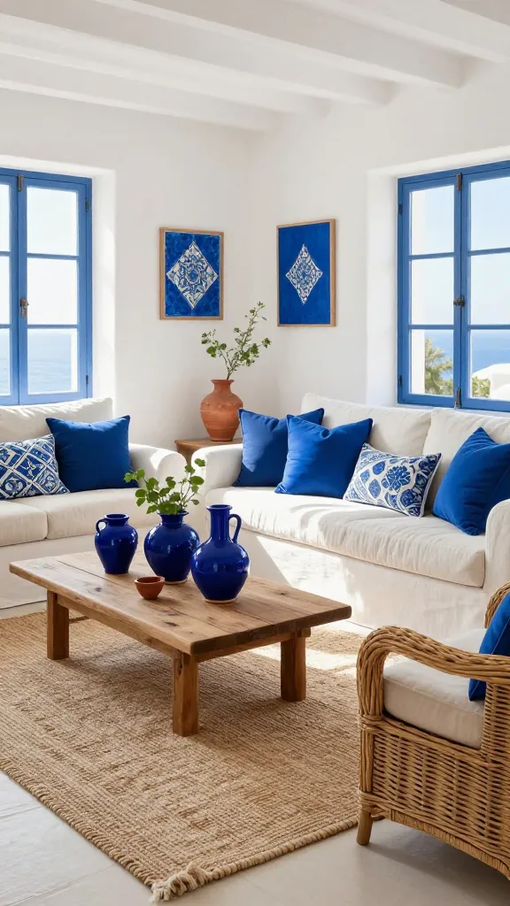 A high-quality, realistic photo of a bright, sun-drenched Mediterranean-style living room. Whitewashed walls create an expansive, airy backdrop, bathed in abundant natural light streaming through large windows that hint at a distant sea view. A comfortable, natural linen sofa is generously adorned with an assortment of throw pillows in varying shades of deep sapphire blue and cobalt blue, some featuring intricate, tile-inspired patterns. A large, textured jute rug defines the central seating area, complemented by a natural wicker armchair with a soft, light cushion. On a rustic wooden coffee table, a collection of glossy blue ceramic vases, some holding simple green foliage, are artfully arranged alongside a few empty terracotta pots. The overall atmosphere is utterly refreshing, relaxed, and chic, with a strong emphasis on natural textures and the vibrant contrast of deep blues against a bright white base. Professional photography, sharp focus.