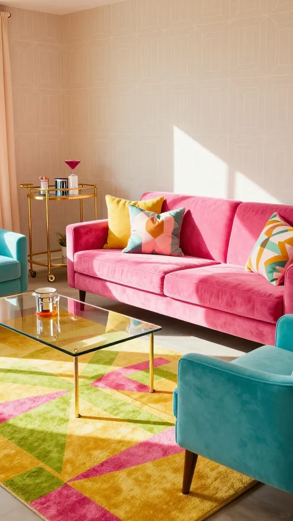 A sun-drenched living room meticulously styled with a playful 1960s Palm Springs retro glamour. The centerpiece is a plush, mid-century modern velvet sofa in a vibrant hot pink, complemented by accent chairs with clean lines and turquoise upholstery. A large area rug beneath a glass coffee table boasts a bold geometric pattern in sunny yellow, lime green, and hot pink. Geometric throw pillows are artfully arranged on the sofa. A stylish, gold-finished bar cart, stocked with vintage cocktail accessories, sits in a corner. The walls feature a subtle, coordinating geometric wallpaper. Sunlight streams in, casting a warm glow and enhancing the daring color palette, creating an inviting, permanent vacation atmosphere. High-quality, realistic photograph, no text.