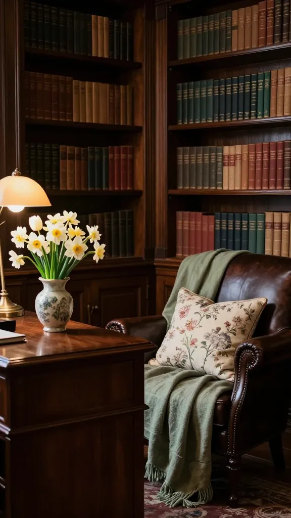 A high-quality, realistic photograph capturing a sophisticated dark academia spring study. Rich, dark wood bookshelves filled with classic books dominate a wall, creating an intellectual backdrop. In the foreground, a classic dark wood desk is adorned with a vintage-inspired vase holding a small, fresh bouquet of delicate light-colored spring flowers, such as white tulips or pale daffodils. Adjacent, a deep, inviting leather armchair is draped with a muted sage green linen throw blanket and accented with a couple of throw pillows featuring subtle, elegant floral patterns. Warm, inviting light from a brass desk lamp and soft natural light illuminate the space, highlighting its cozy refinement and subtle spring infusion. No text.