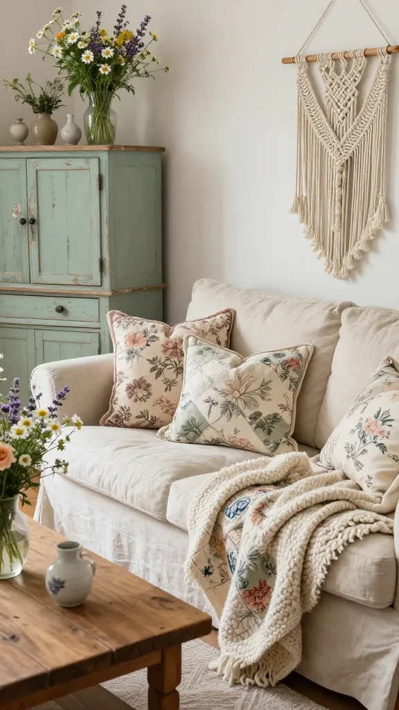 A cozy, idyllic cottagecore living room bathed in soft, diffused natural light. The centerpiece is a comfortable, slightly worn cream linen sofa, generously draped with a patchwork quilted blanket featuring delicate vintage floral patterns in muted pastel tones and a chunky off-white hand-knitted throw. Several plump throw pillows with intricate vintage floral prints in dusty rose, sage green, and faded blue adorn the sofa. To one side, a distressed, pale mint green painted wooden cabinet with subtle peeling paint adds rustic charm. On the cabinet and a rustic wooden coffee table, an assortment of mismatched ceramic and glass vases holds abundant arrangements of fresh, wild-looking wildflowers like daisies, lavender, and small roses. A delicate macrame wall hanging with intricate knotwork provides a handmade touch above the sofa. The overall atmosphere is whimsical, romantic, and inviting. High-resolution, realistic interior photography, no text.