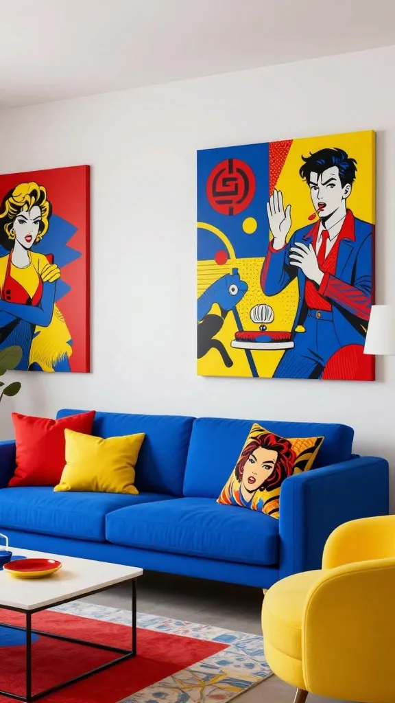 A high-resolution, professional photograph of a vibrant, Pop Art-inspired living room. A sleek, modern sofa in a bold, solid bright blue is the centerpiece, adorned with throw pillows featuring iconic Pop Art imagery and graphic geometric patterns in bright red and yellow. Large-scale graphic Pop Art canvases, depicting stylized comic book scenes and abstract forms in vivid primary colors, dominate the white walls. Sleek, modern furniture, including a minimalist coffee table and an accent chair in a contrasting primary yellow, allows the fearless use of red, blue, and yellow to be the true stars of the space. The room is brightly lit, showcasing its energetic and graphic personality.