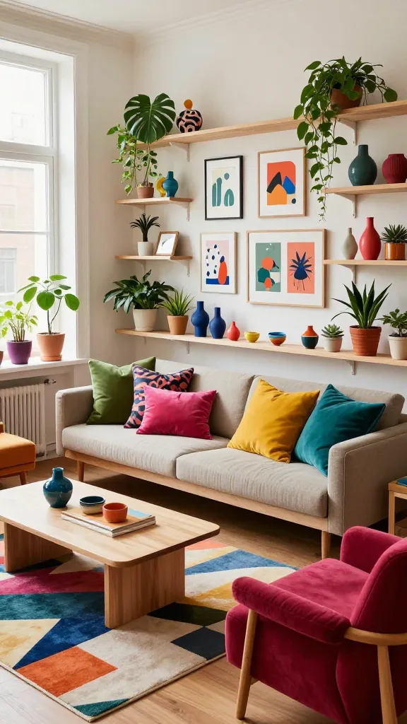 A high-angle, professional photograph captures a vibrant and eclectic Scandinavian maximalist living room, bathed in bright natural light streaming through large windows. The foundation features clean-lined, light-toned wooden furniture, including a sleek, low-profile sofa and a minimalist coffee table. The sofa is lavishly adorned with an abundant, artfully arranged collection of throw pillows showcasing clashing, bold patterns in a lively spring palette of mustard yellow, teal, fuchsia, and olive green. A large area rug beneath the coffee table displays a striking abstract geometric pattern in complementary yet contrasting colors. A gallery wall above the sofa bursts with an assortment of quirky, colorful art prints and framed whimsical illustrations, creating a curated visual feast. Open shelving units display a charming 'clutter' of unique ceramic vases in irregular shapes, sculptural objects, and an assortment of lush houseplants of varying sizes and species (e.g., a large Monstera, trailing Pothos, succulents), all nestled in distinctive, colorful pots. A rich, textured armchair in a vibrant jewel tone adds another layer of color and comfort. The overall atmosphere is energetic, personalized, and brimming with personality, perfectly balancing functional Scandinavian design with an explosion of color and pattern. No text on image.