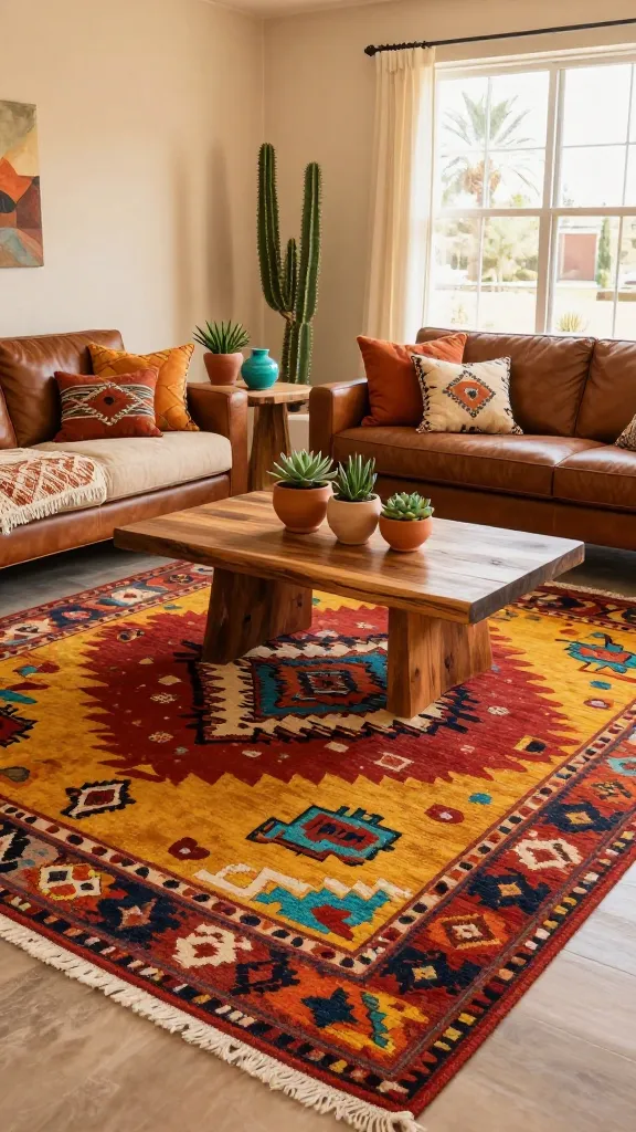 A high-quality, realistic photograph of a spacious living room designed with Southwestern Sunset Hues. The focal point is a large, intricately patterned Navajo-inspired rug, featuring a vibrant palette of warm reds, burnt oranges, deep yellows, and turquoise accents, dominating the floor. A plush, saddle-brown leather sofa and matching armchairs occupy the space, softened by cream-colored woven throws with subtle terracotta patterns and an assortment of geometric-patterned pillows in complementary desert tones. A rustic, natural wood coffee table, possibly with a live edge, sits centrally, adorned with a few potted cacti and succulents in earthy ceramic planters. Natural wood side tables hold additional potted succulents and turquoise decorative pottery. The walls are painted in a warm, inviting earthy beige, allowing ample natural light to stream in from a large window, highlighting the rich textures and colors. The overall ambiance is grounded, incredibly inviting, and full of character, capturing the vibrant warmth of a desert sunset. Professional interior photography, soft natural lighting, sharp focus, no text on image.