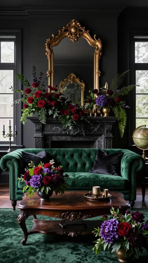 A luxurious living room designed in a 'Gothic Garden Grandeur' style, exuding a moody, mysterious, yet surprisingly fresh ambiance. The walls are painted a deep charcoal gray, providing a dramatic backdrop. A plush, emerald green velvet Chesterfield sofa is centrally placed, adorned with dark silk throw pillows. An antique-inspired dark wood coffee table with intricate carvings sits before it. Above a dark marble fireplace, a large, ornate gold-framed mirror reflects the room's grandeur. On the coffee table and a nearby dark wood side table, incredibly lush and vibrant floral arrangements burst forth, showcasing dramatic deep red roses, rich purple hydrangeas, dark burgundy peonies, and abundant deep green foliage. Scattered antique-inspired decorative items, such as a dark bronze candelabra and a vintage globe, add to the gothic charm. Soft, diffused natural light enters through tall windows, casting subtle shadows that enhance the room's mysterious atmosphere. The overall impression is one of opulent elegance and dark, botanical beauty. Realistic, high-quality interior photography, no text.