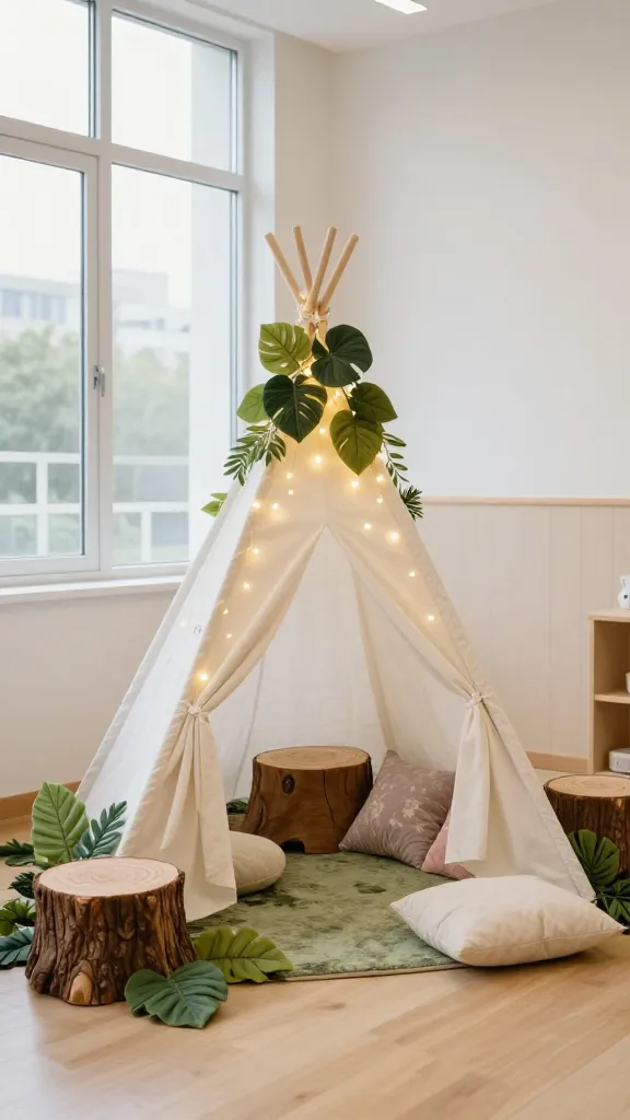 A high-quality, realistic photo capturing a beautifully decorated 'Enchanted Forest Nook' within a modern preschool classroom. The scene focuses on a cozy corner, bathed in abundant, soft, diffused natural light streaming from a large window. A cream-colored reading teepee stands as the inviting centerpiece, draped elegantly with sheer, flowing white fabric. Delicate, warm white fairy lights are subtly intertwined around the teepee's poles and fabric, emitting a gentle, magical glow. Around the base of the teepee and spilling onto the light wooden floor are an assortment of plush floor cushions, shaped realistically like textured tree stumps in earthy browns and creams, and large, soft leaves in varied shades of moss green and sage green. A few smaller decorative elements, like a small throw pillow or a subtle pattern on a cushion, introduce delicate pops of lavender and blush pink. The light-colored wall behind the nook is clean and simple, allowing the decor to shine. The overall color palette is dominated by soft moss green, sage green, earthy browns, and creams, creating a serene, whimsical, and inviting atmosphere perfect for quiet reading or imaginative play. No text.