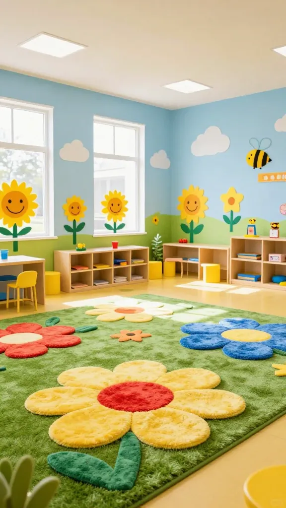 A bright, sun-drenched preschool classroom transformed into a vibrant 'Sunny Meadow Playland'. The room is filled with cheerful energy, dominated by a color palette of bright daffodil yellow, lemon yellow, sky blue, and cloud white, accented with grass green and poppy red. Large, soft, multi-colored flower-shaped floor mats and rugs are scattered across the floor, inviting active play. The walls are adorned with whimsical decorations featuring smiling sunflowers, playful buzzing bees, and fluffy white clouds against a serene sky blue backdrop. Natural light streams through large windows, enhancing the airy, wide-open meadow feel. The overall atmosphere is joyous and spacious, designed for active play. High-quality professional photograph, realistic, no text on image.