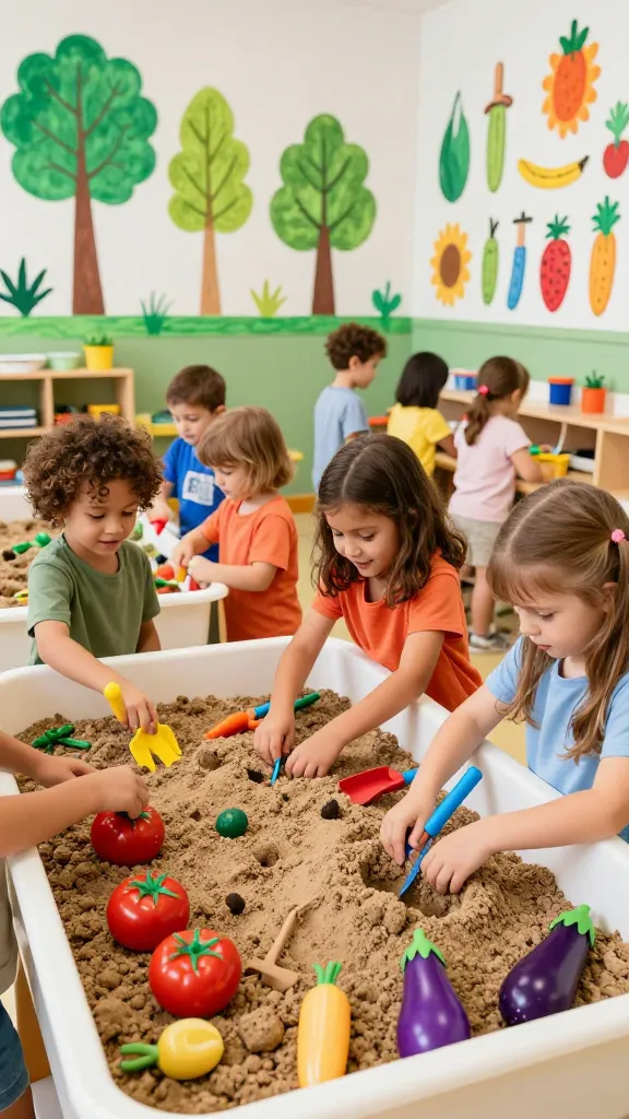 A high-quality, realistic photo capturing a vibrant, inviting preschool classroom decorated with a 'Garden Patch Explorers' theme. In the foreground, a large, accessible sensory bin is filled with textured kinetic sand, an assortment of realistic plastic vegetables (like red tomatoes and purple eggplants), and small, child-friendly gardening tools. A diverse group of cheerful preschool children, aged 3-5, are actively engaged around the bin, digging and exploring, their faces alight with curiosity. The surrounding classroom walls feature charming, hand-drawn style illustrations of leafy green plants, various vegetables, and gardening tools, all rendered in a color palette of rich soil brown, terra cotta orange, abundant shades of leafy green, and bright pops of red, purple, and yellow. A large yellow sunflower decoration is visible on a wall. Natural daylight fills the room, creating a warm, educational, and super cute atmosphere. No text on image.