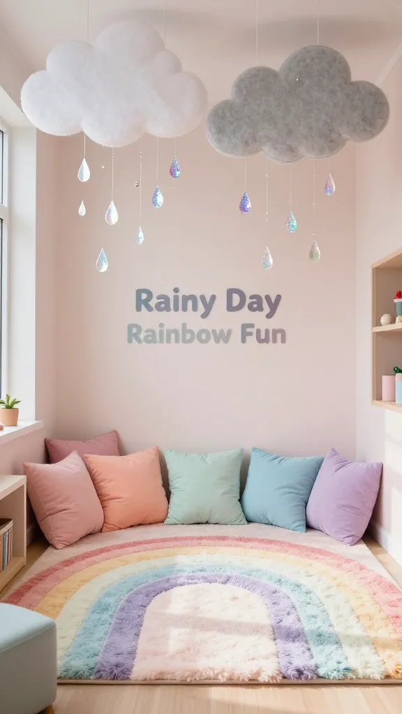 A high-quality, professional photograph capturing a cozy and cheerful reading nook within a preschool classroom, designed with a "Rainy Day Rainbow Fun" theme. The scene features a soft, plush rainbow-striped rug on the floor, surrounded by comfortable cushions in pastel hues of soft pink, peach, mint, baby blue, and lavender. Above, delicate felt and paper clouds in cloud white and light grey hang from the ceiling, with shimmering iridescent paper raindrops dangling below, catching the light with sparkling silver accents. The walls are painted in a soft, inviting pastel color, complementing the rainbow theme. Natural light streams into the space, illuminating the vibrant yet gentle colors and creating a warm, safe, and utterly delightful atmosphere. The room is tidy and inviting, showcasing a perfect haven for young children. No text.