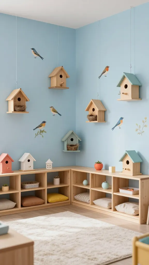 A beautifully styled, serene preschool classroom corner designed as a 'Chirping Bird Sanctuary'. The space is bathed in soft natural light, showcasing a calming color palette of robin's egg blue and sky blue walls, complemented by natural wood tones in low shelving units and child-sized furniture. Cream and oatmeal textures are present in a soft area rug and comfortable floor cushions. Subtle pops of coral and pale yellow appear in small, delicate decorative accents. Multiple charming, empty decorative birdhouses crafted from natural wood or painted soft pastels are securely arranged on shelves and gently suspended at varying heights. The walls are adorned with elegant, realistic wall art featuring various spring birds like robins, bluebirds, and finches, alongside their intricately designed nests, rendered in a gentle, illustrative style. The overall atmosphere is peaceful, inviting, and safe for young children. High-quality, realistic photo, professional lighting, no text on images.