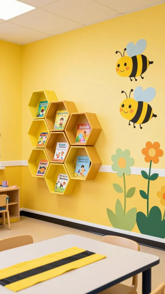 A high-quality, realistic photo of a vibrantly decorated preschool classroom, themed as a 'Busy Bee Hive Haven.' The room is bathed in natural light, showcasing walls painted a cheerful bright sunny yellow and goldenrod, complemented by crisp white trim and black accents. On one prominent wall, an engaging arrangement of interlocking hexagonal shelving units in various yellow and goldenrod shades creates a large, three-dimensional honeycomb pattern, filled with colorful children's books and learning materials. Adjacent to this, large, friendly, smiling cartoon bees with rosy cheeks are depicted in cheerful wall art, buzzing joyfully among stylized flowers in light green and honeycomb orange. A child-sized table in the foreground is adorned with a playful yellow and black striped fabric runner. The overall atmosphere is energetic, inviting, and perfectly designed for young learners, with no actual bees present.