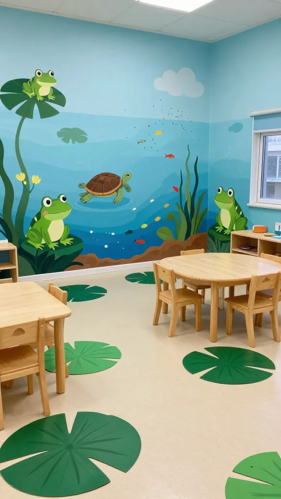 A high-quality, realistic photograph capturing a beautifully decorated preschool classroom, transformed into a serene 'Pond Life Adventure' environment. The room is predominantly painted in various shades of watery blue and deep green, evoking a cool, calming underwater feel. Large, vibrant lily pad green cutouts are artfully arranged on the light-colored floor, some appearing to float, and others adorning the lower sections of the walls. Detailed wall murals and decals depict a rich aquatic ecosystem, featuring cheerful frog green frogs perched on lily pads, gentle turtles gliding through the water, and schools of small, colorful fish. Subtle accents of white, suggesting soft clouds, are visible near the ceiling, while touches of earthy brown hint at muddy banks along the base of the walls. Child-sized wooden tables and chairs are thoughtfully placed, blending seamlessly with the theme. Natural light streams into the room, highlighting the textures and colors, creating an inviting, educational, and tranquil space for young learners.