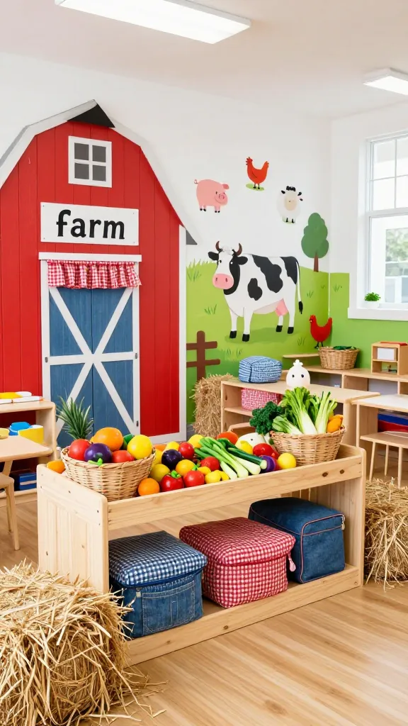 A high-quality, realistic photograph of a vibrant preschool classroom transformed into a 'Farm Fresh Fiesta'. The space is bursting with a cheerful color palette of barn red and denim blue, accented by earthy browns, hay yellows, and grass green. Walls feature charming, playful wall art depicting classic farm animals like friendly cows, pigs, chickens, and sheep in a rustic style. A prominent 'farm stand' dramatic play area, crafted from light wood, is filled with an assortment of realistic toy fruits, vegetables, and small woven baskets, inviting imaginative play. Red and white gingham patterns are visible on small curtains or decorative elements, while blue and white gingham appears on cushions or storage containers. Small, decorative hay bales are strategically placed, enhancing the rustic charm. The room is bathed in bright, natural light, creating an inviting, celebratory, and joyful atmosphere. No text on images.