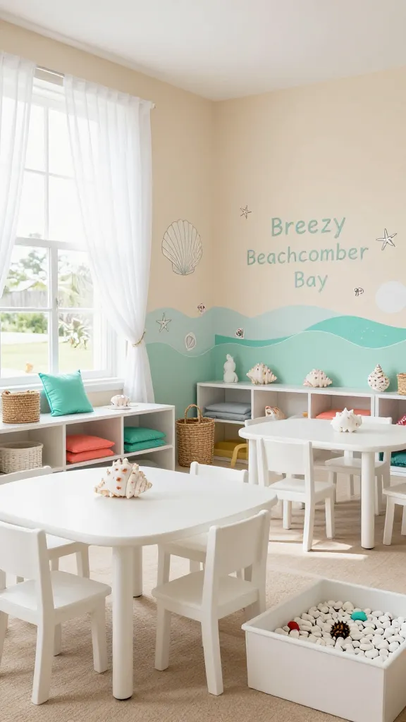 A sun-drenched, inviting preschool classroom designed with a 'Breezy Beachcomber Bay' theme. The space features soft sandy beige walls and seashell white furniture, accented with pale aqua and seafoam green textiles and subtle pops of coral in cushions and decor. Sheer, billowy white curtains hang gracefully from large windows, allowing natural light to flood the room. Walls are adorned with stylized, minimalist wall art depicting seashells, starfish, and gentle waves in the specified color palette. Low, child-sized tables and chairs are arranged for learning, complemented by natural woven baskets for storage and a sensory bin with smooth white pebbles and small sea creatures. The overall atmosphere is light, airy, and calming, captured in a realistic, high-quality photograph with no text.